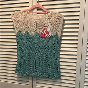 # 0720+ Elegant Cream and Teal Hand -Knit Top W/ WHT